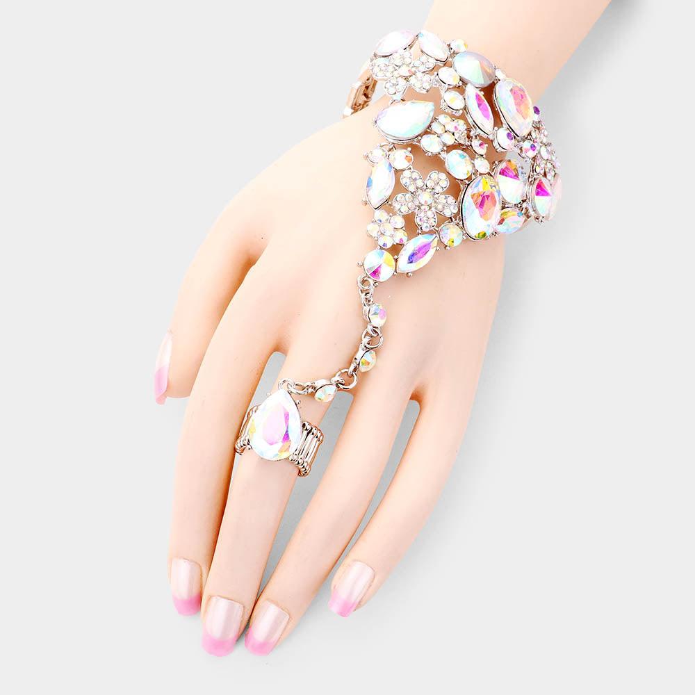 Silver Crystal Teardrop Floral Hand Chain Evening Bracelet