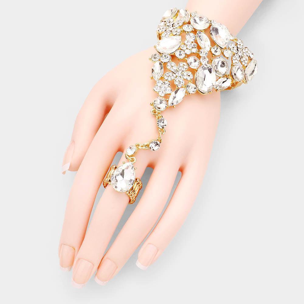Gold Teardrop Crystal Rhinestone Pave Hand Chain Evening Bracelet - Jewelry Store by Erik Rayo