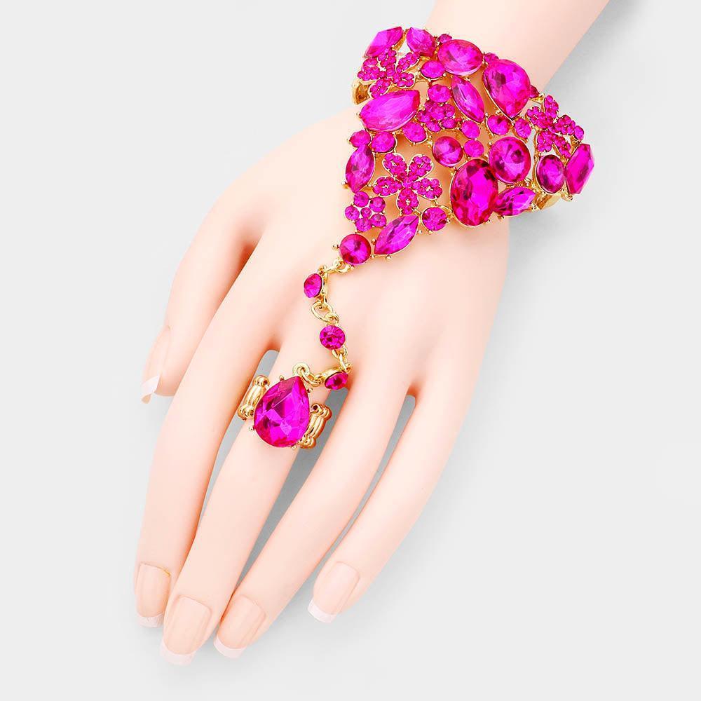 Gold Teardrop Crystal Rhinestone Pave Hand Chain Evening Bracelet - Jewelry Store by Erik Rayo