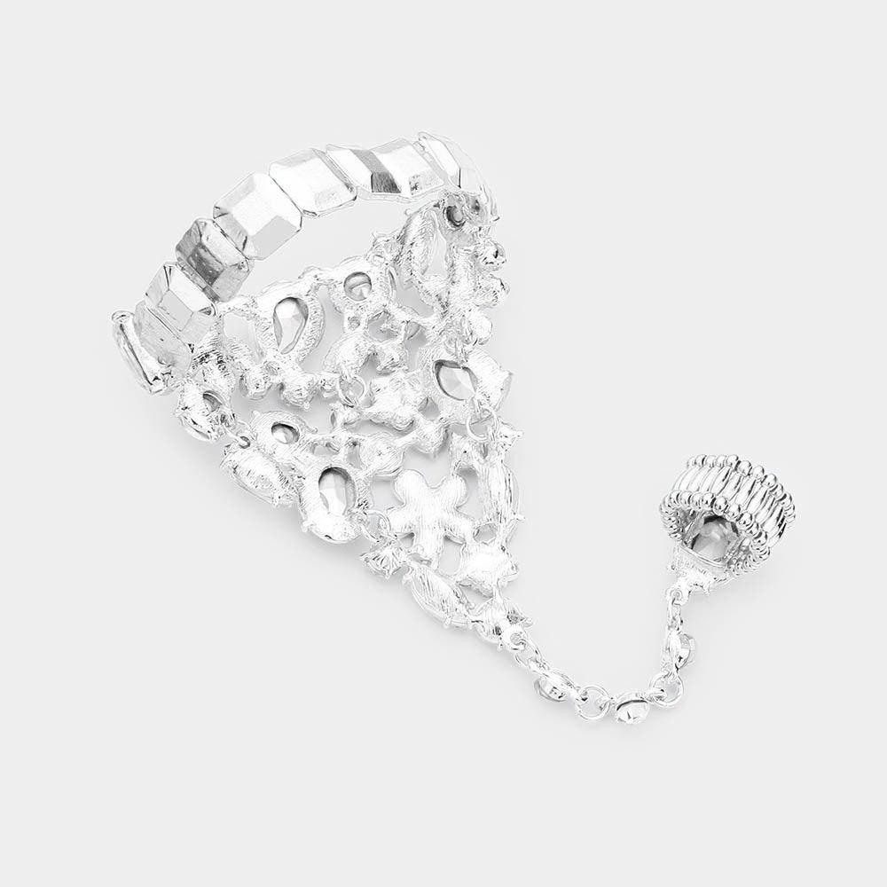 Silver Teardrop Crystal Rhinestone Pave Hand Chain Evening Bracelet - Jewelry Store by Erik Rayo