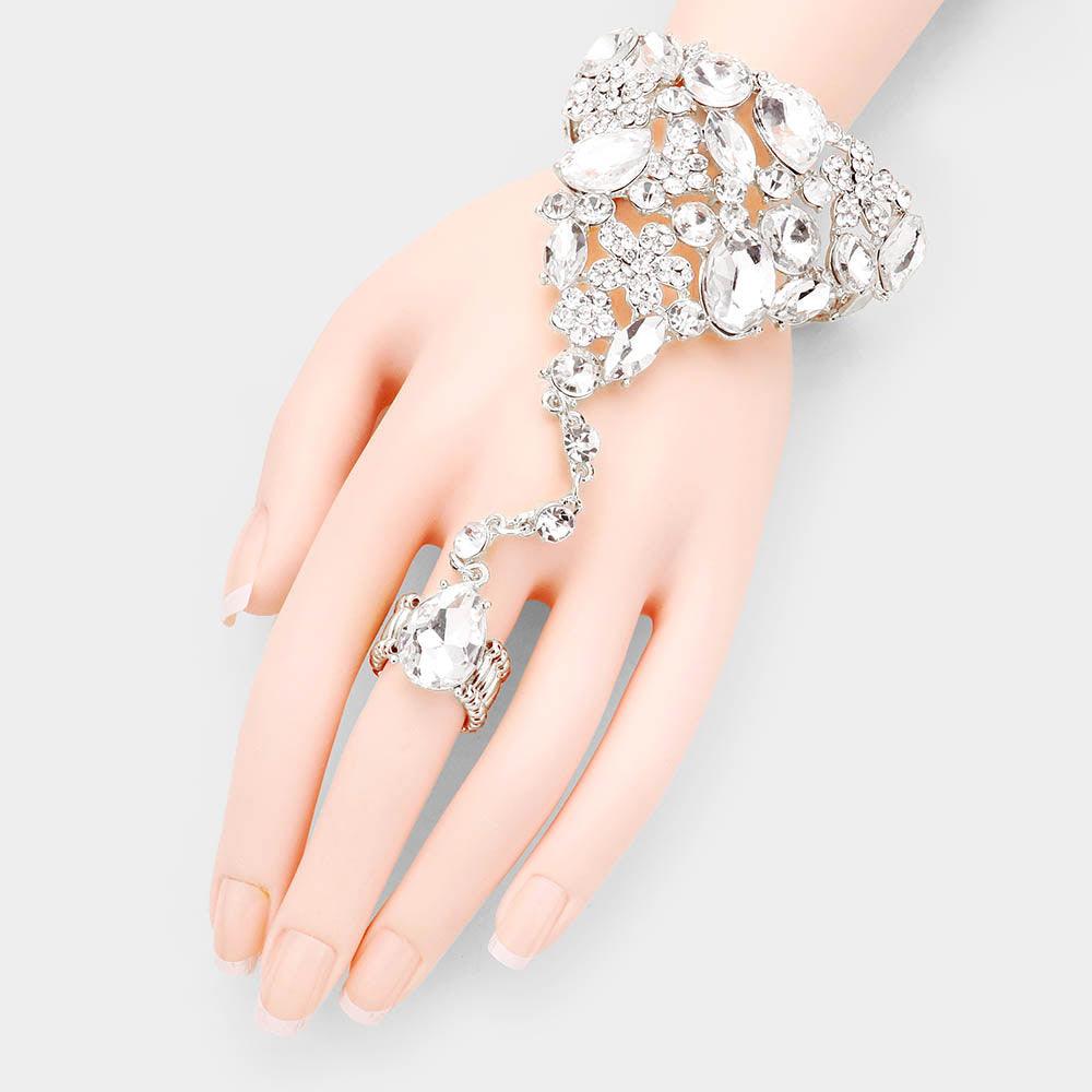 Silver Teardrop Crystal Rhinestone Pave Hand Chain Evening Bracelet