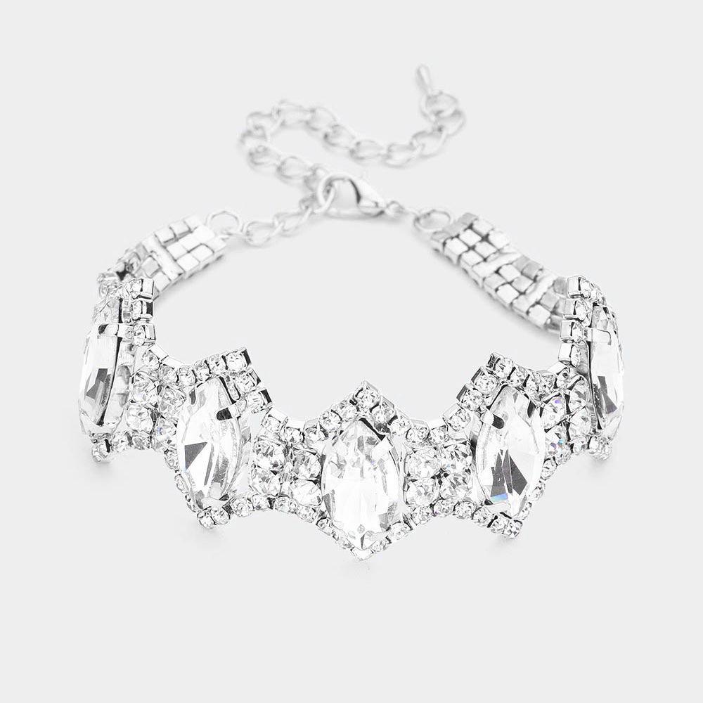 Silver Marquise Glass Stone Cluster Link Rhinestone Pave Evening Bracelet