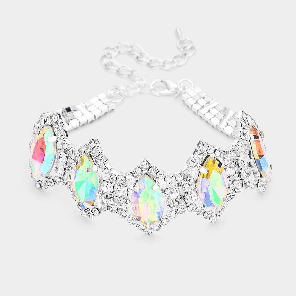 Silver Marquise Glass Stone Cluster Link Rhinestone Pave Evening Bracelet - Jewelry Store by Erik Rayo