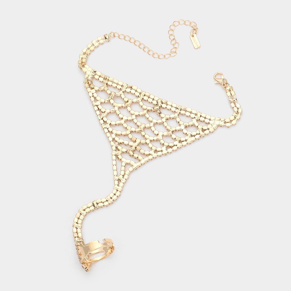 Gold Crystal Rhinestone Accented Hand Chain Evening Bracelet - Jewelry Store by Erik Rayo