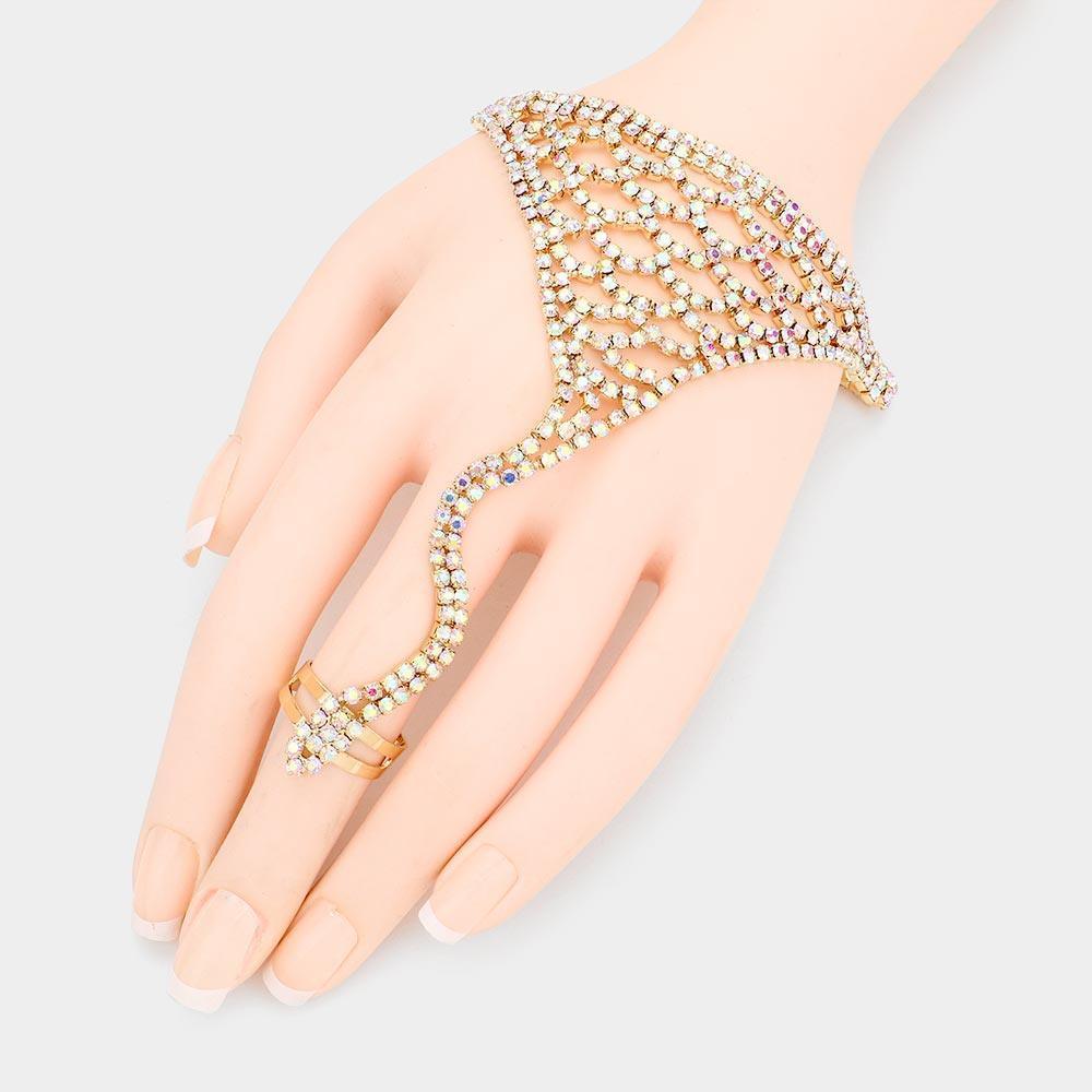 Gold Crystal Rhinestone Accented Hand Chain Evening Bracelet - Jewelry Store by Erik Rayo