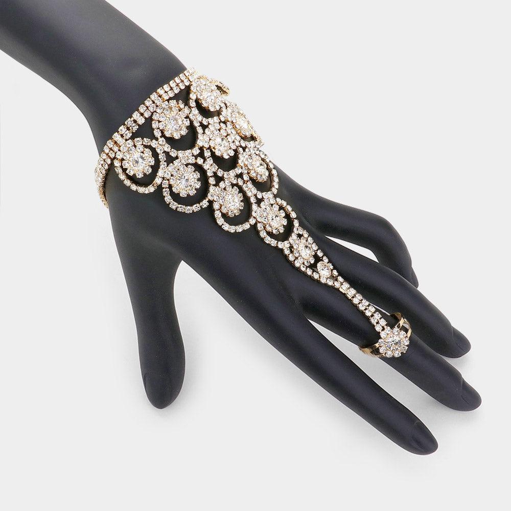 Clear Crystal Round Rhinestone Pave Hand Chain Evening Bracelet - Jewelry Store by Erik Rayo
