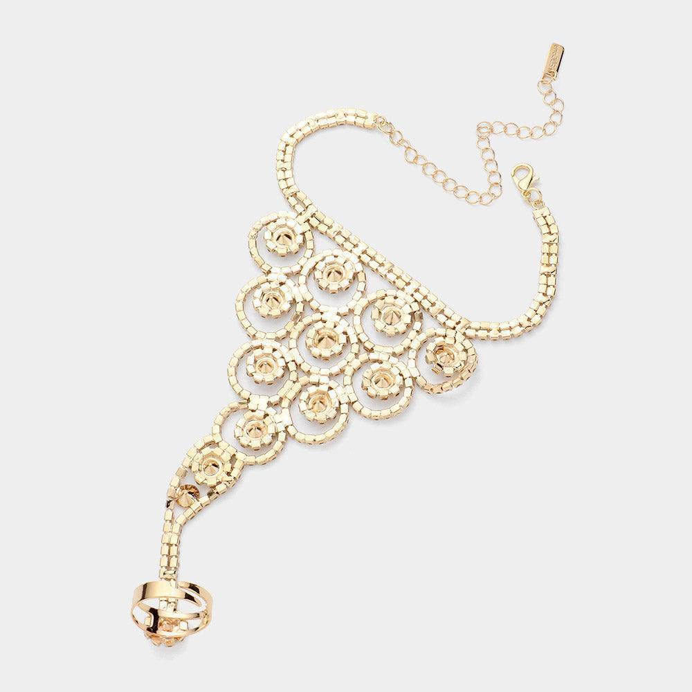 Clear Crystal Round Rhinestone Pave Hand Chain Evening Bracelet - Jewelry Store by Erik Rayo