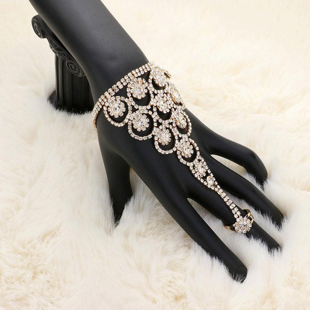 Clear Crystal Round Rhinestone Pave Hand Chain Evening Bracelet - Jewelry Store by Erik Rayo