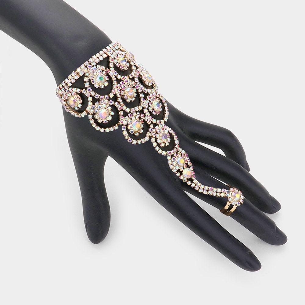 Gold Crystal Round Rhinestone Pave Hand Chain Evening Bracelet - Jewelry Store by Erik Rayo