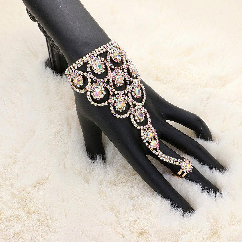 Gold Crystal Round Rhinestone Pave Hand Chain Evening Bracelet - Jewelry Store by Erik Rayo