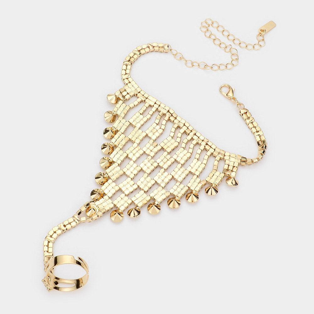 Gold Crystal Rhinestone Accented Hand Chain Evening Bracelet - Jewelry Store by Erik Rayo