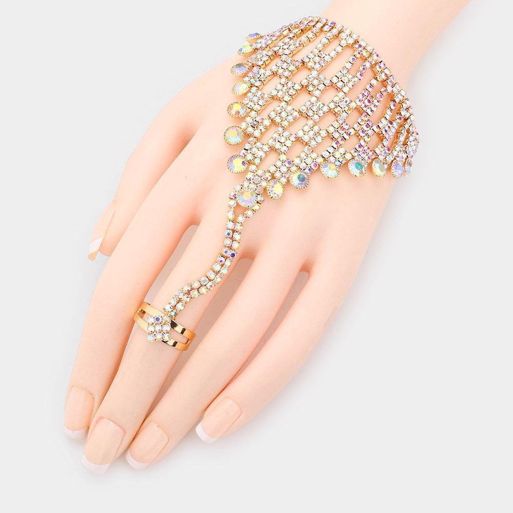 Gold Crystal Rhinestone Accented Hand Chain Evening Bracelet - Jewelry Store by Erik Rayo