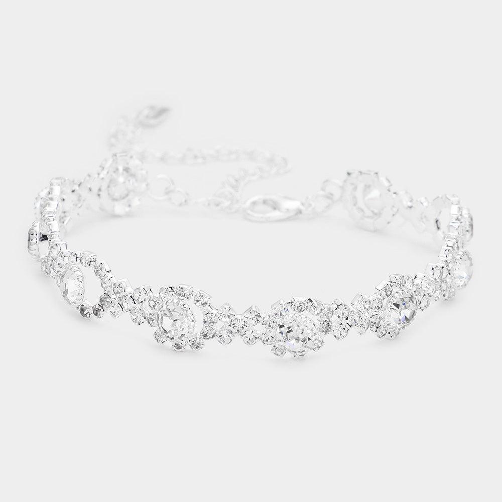 Silver Rhinestone Flower Evening Bracelet