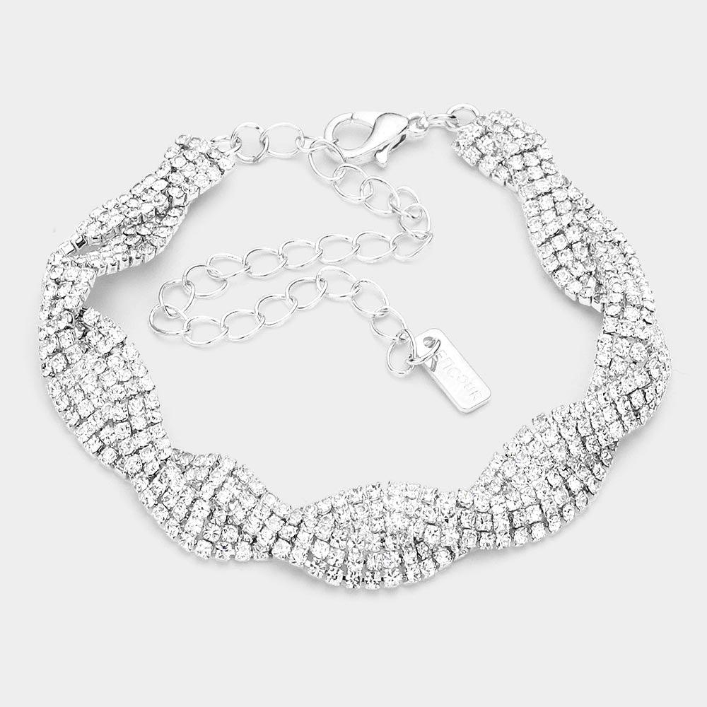 Silver Braid Rhinestone Pave Evening Bracelet