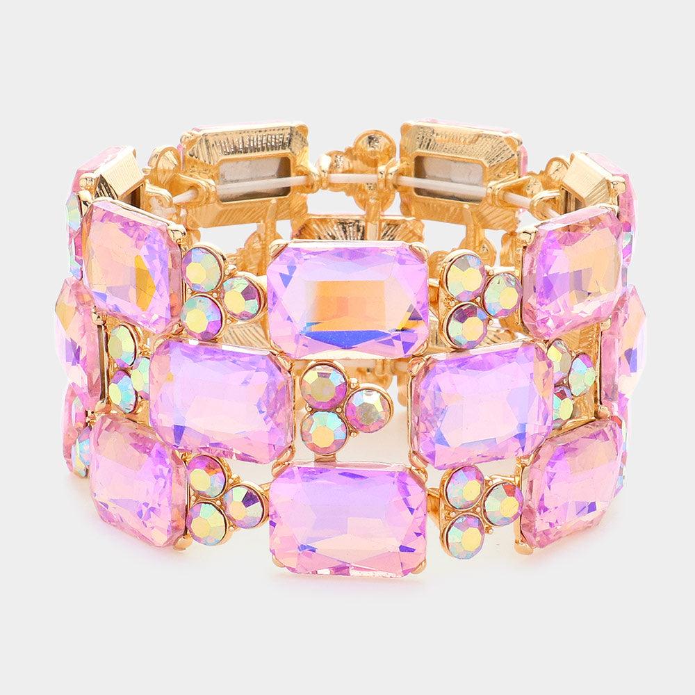 Pink Emerald Cut Stone Accented Evening Stretch Bracelet