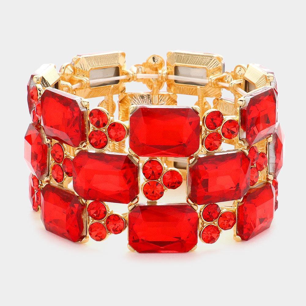 Red Emerald Cut Stone Accented Evening Stretch Bracelet