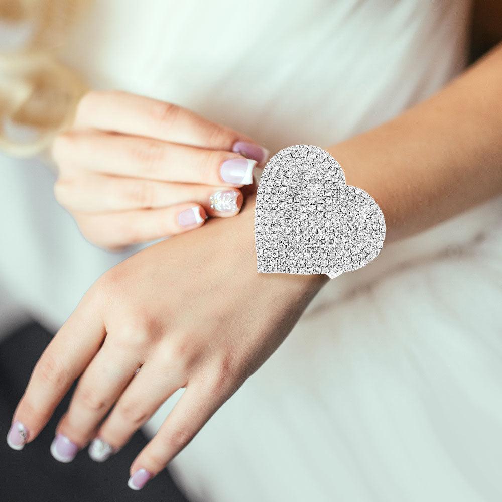Silver Rhinestone Pave Heart Adjustable Evening Bracelet - Jewelry Store by Erik Rayo