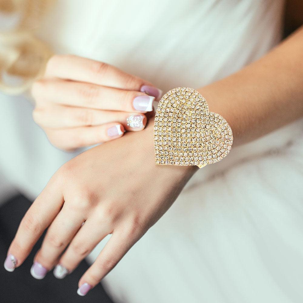 Gold Rhinestone Pave Heart Adjustable Evening Bracelet - Jewelry Store by Erik Rayo