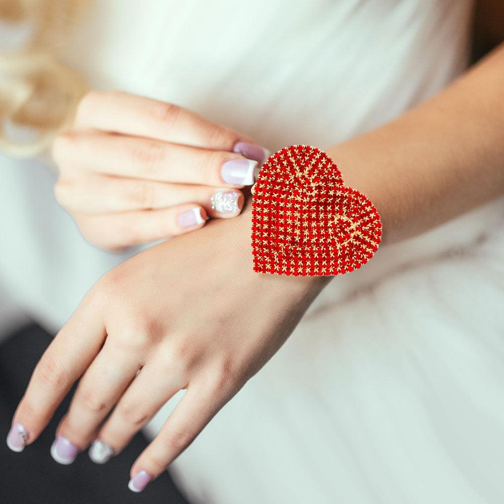 Red Rhinestone Pave Heart Adjustable Evening Bracelet