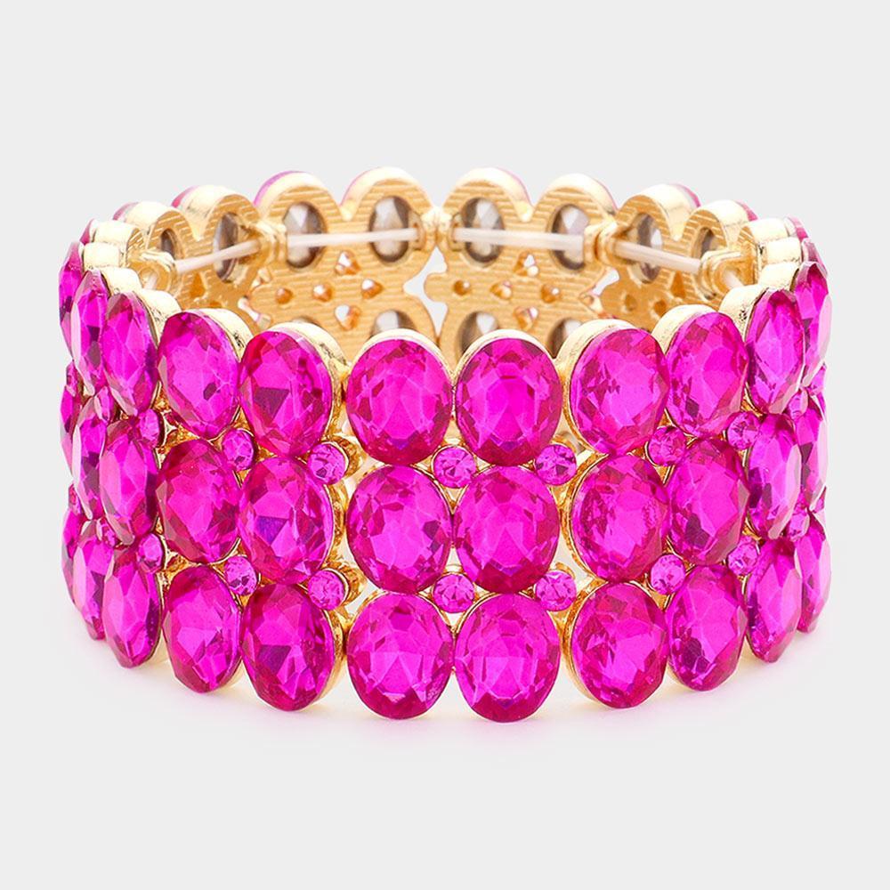 Fuchsia Oval Stone Cluster Stretch Evening Bracelet - Jewelry Store by Erik Rayo