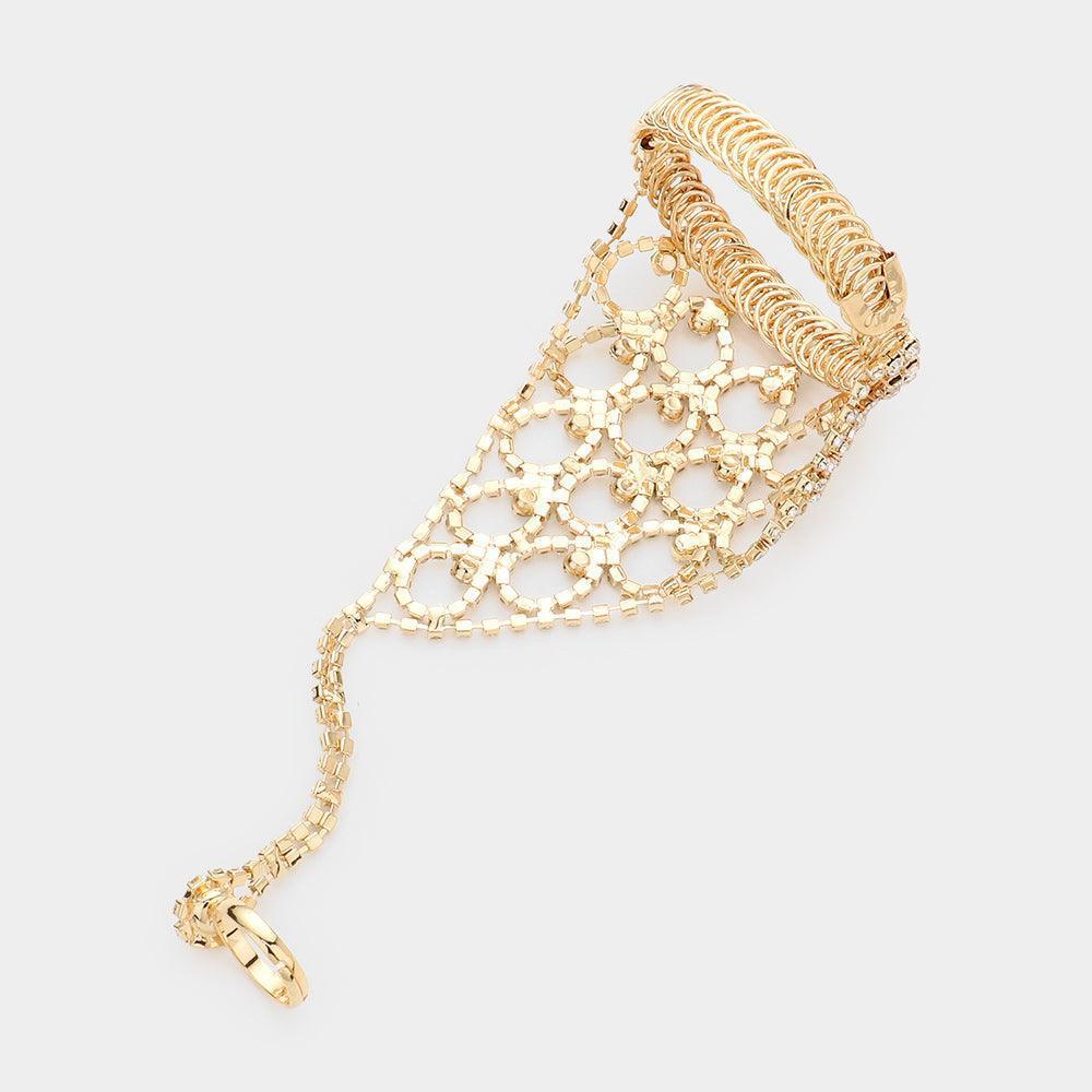 Gold Round Stone Pointed Hand Chain Evening Bracelet - Jewelry Store by Erik Rayo