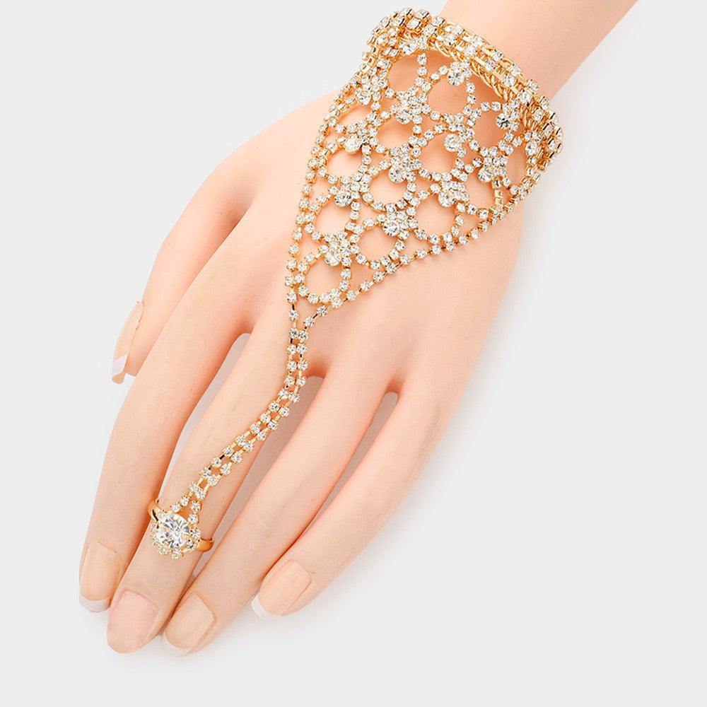 Gold Round Stone Pointed Hand Chain Evening Bracelet - Jewelry Store by Erik Rayo