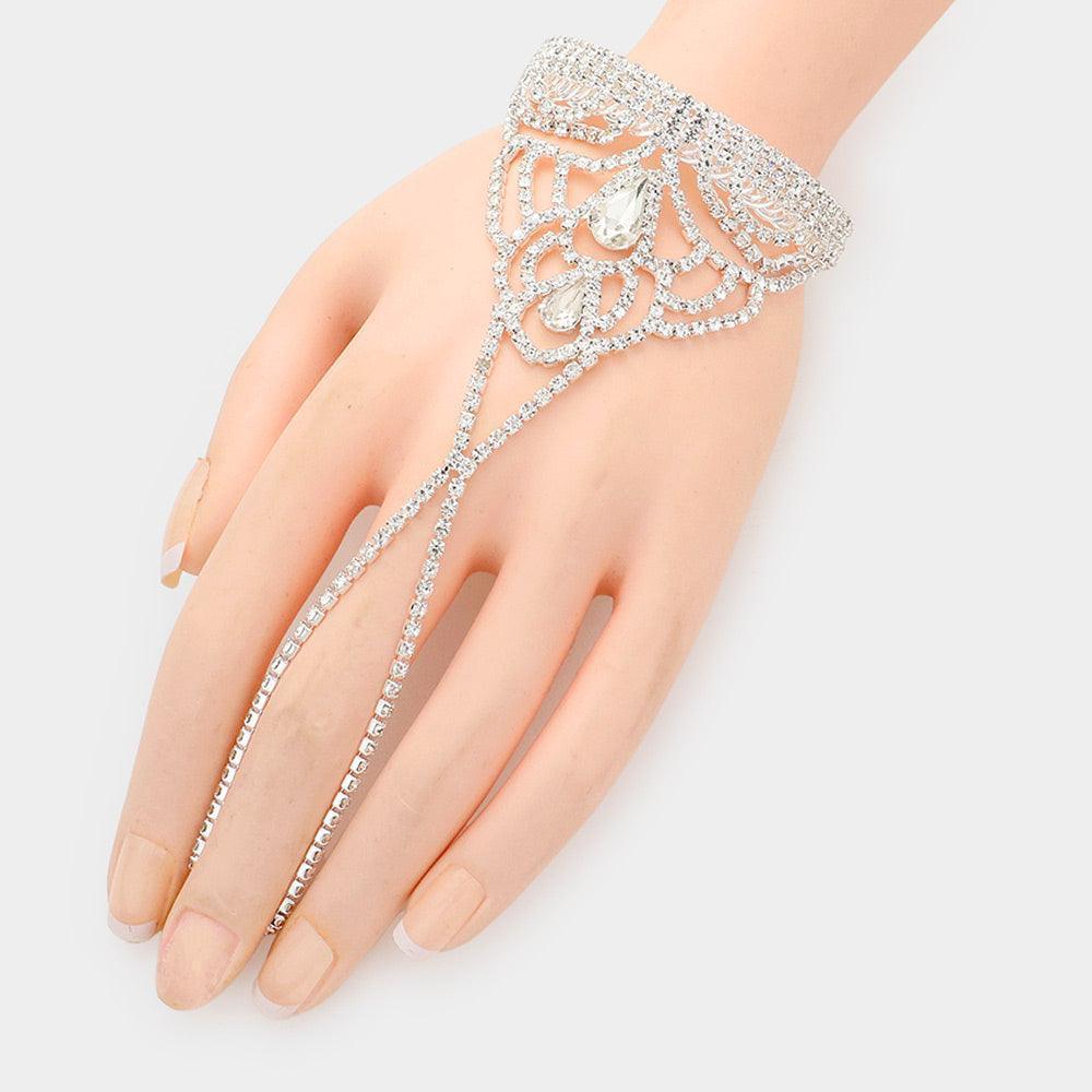 Silver Teardrop Stone Pointed Hand Chain Evening Bracelet - Jewelry Store by Erik Rayo