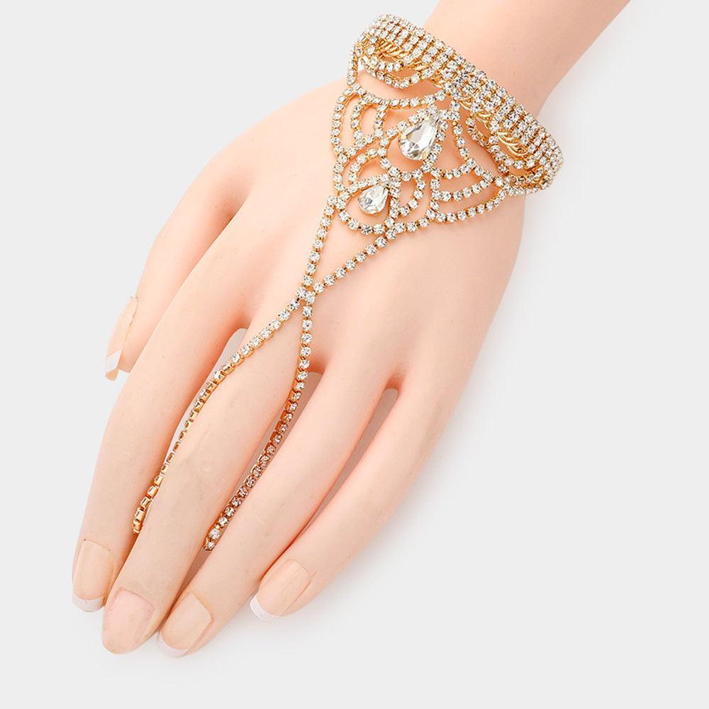 Gold Teardrop Stone Pointed Hand Chain Evening Bracelet - Jewelry Store by Erik Rayo