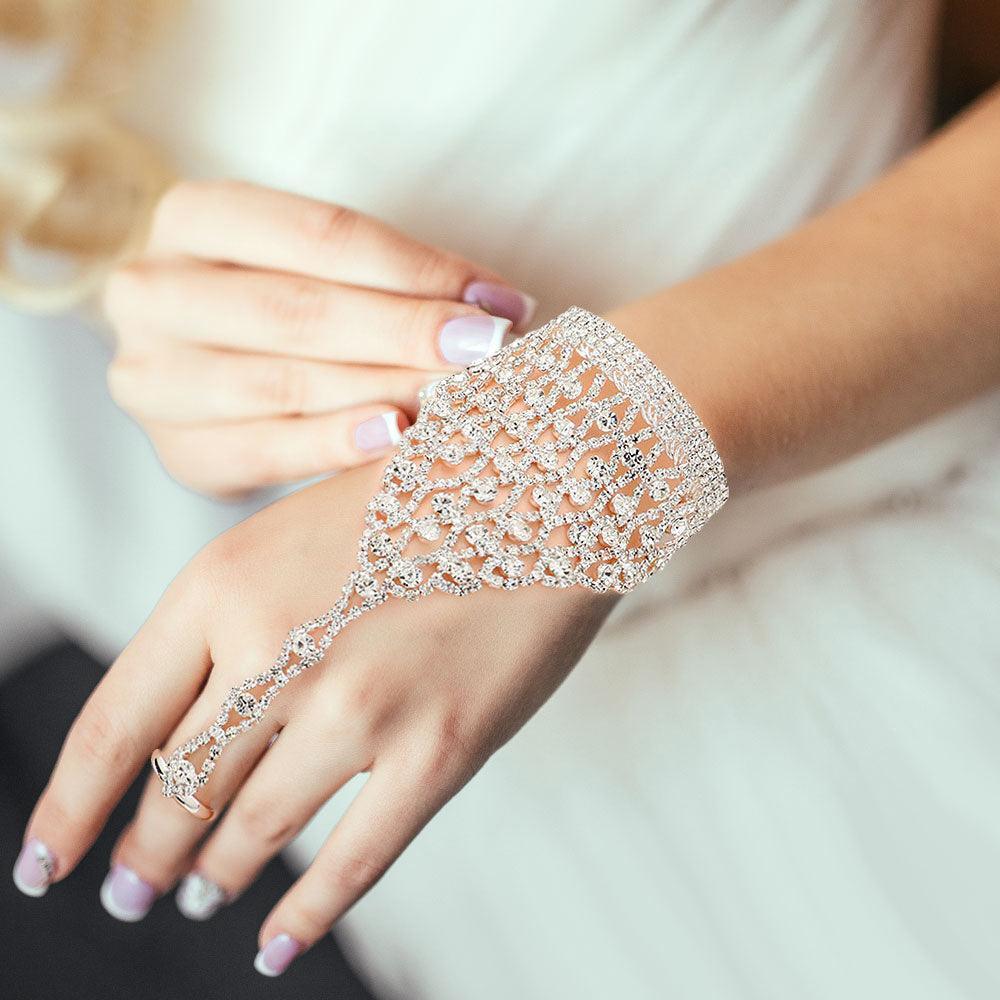 Silver Round Stone Pointed Hand Chain Evening Bracelet - Jewelry Store by Erik Rayo