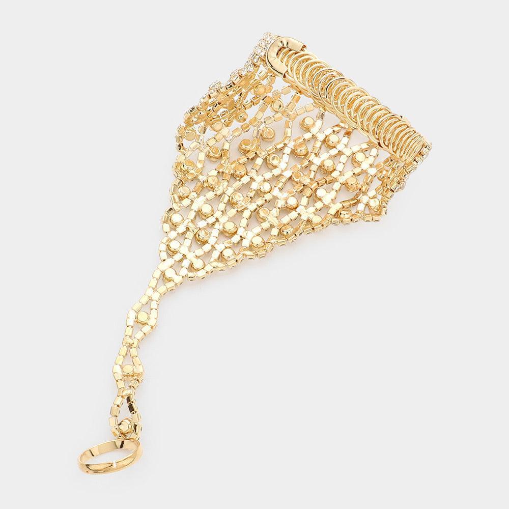 Gold Round Stone Pointed Hand Chain Evening Bracelet - Jewelry Store by Erik Rayo