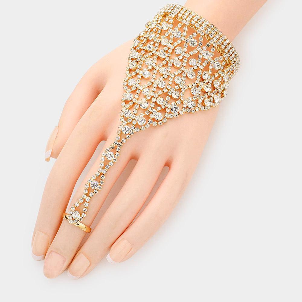 Gold Round Stone Pointed Hand Chain Evening Bracelet - Jewelry Store by Erik Rayo