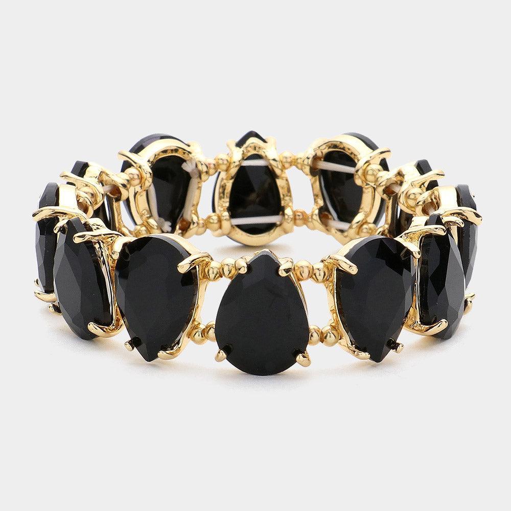Black Teardrop Glass Stone Cluster Stretch Evening Bracelet - Jewelry Store by Erik Rayo