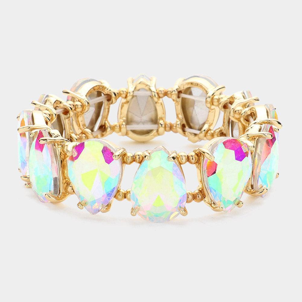 Gold Teardrop Glass Stone Cluster Stretch Evening Bracelet