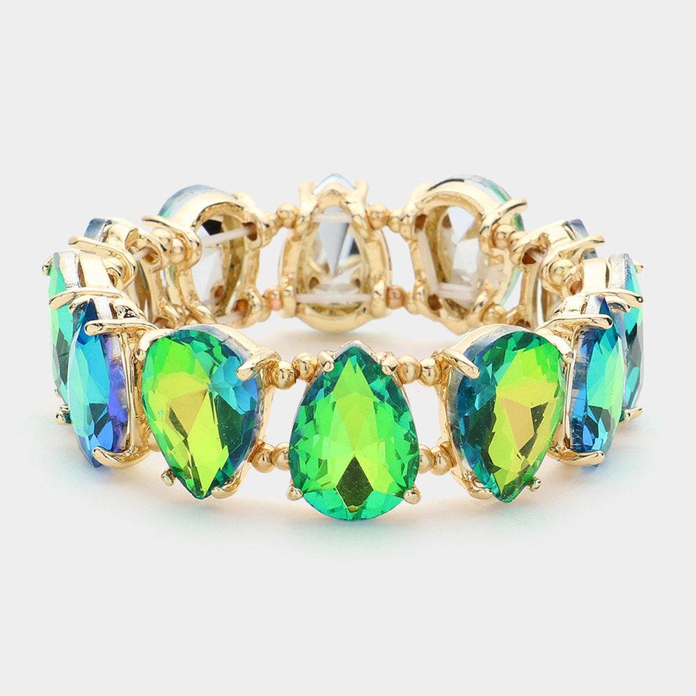 Green Teardrop Glass Stone Cluster Stretch Evening Bracelet