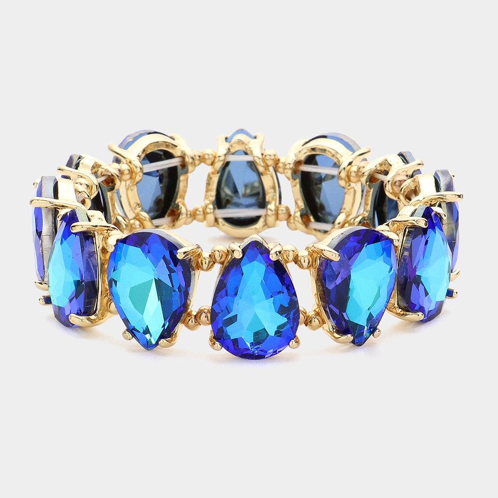Blue Teardrop Glass Stone Cluster Stretch Evening Bracelet