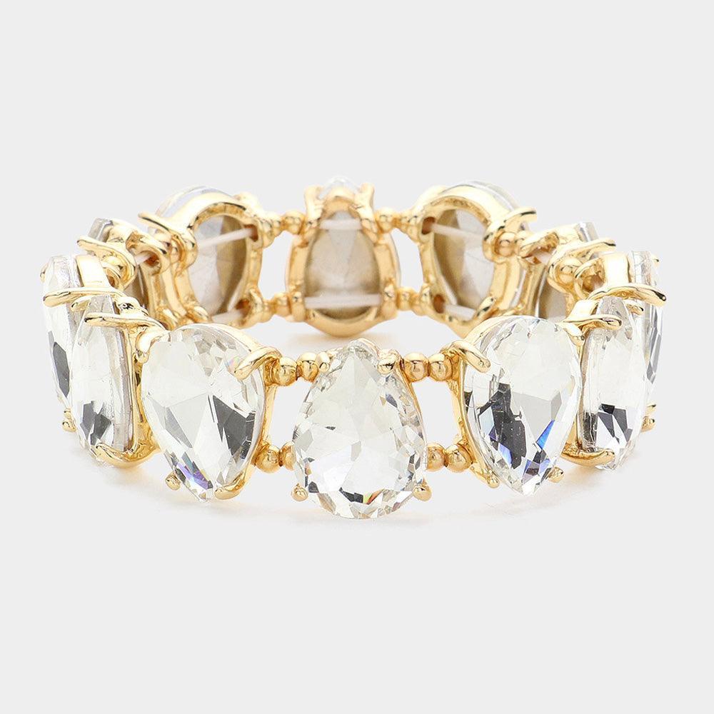 Clear Teardrop Glass Stone Cluster Stretch Evening Bracelet - Jewelry Store by Erik Rayo