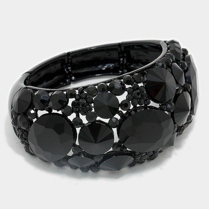 Black Oval Crystal Rhinestone Stretch Evening Bracelet