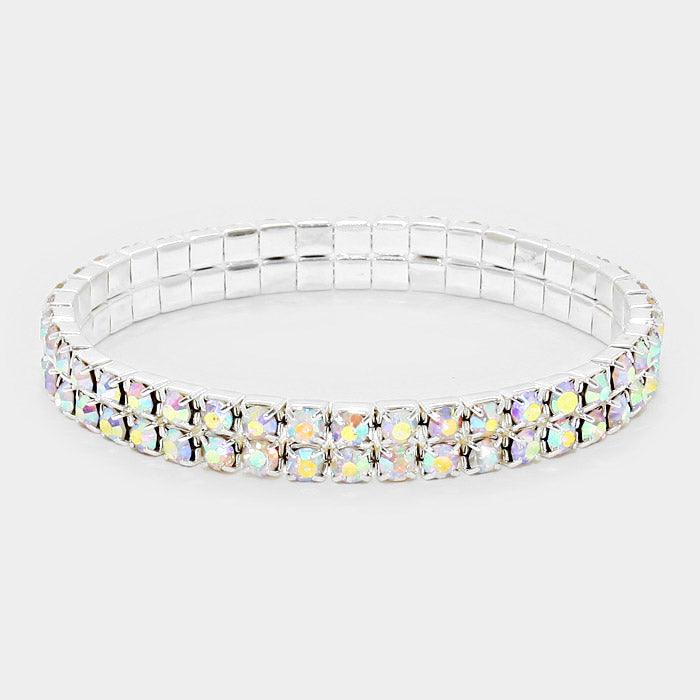 Silver 2ROW Rhinestone Stretch Evening Bracelet