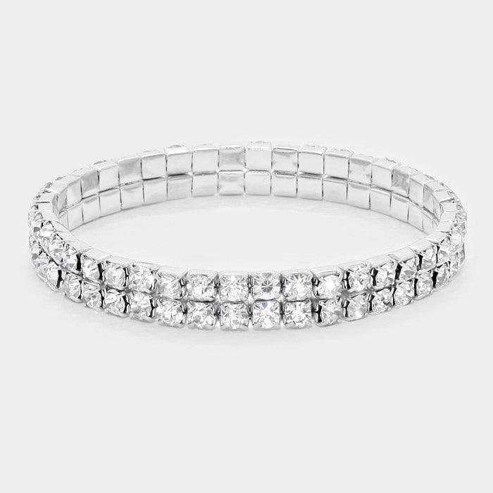 Silver 2ROW Rhinestone Stretch Evening Bracelet