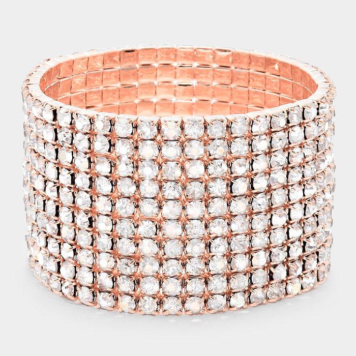 Rose Gold 10ROW Rhinestone Stretch Evening Bracelet