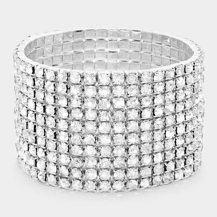 Silver 10ROW Rhinestone Stretch Evening Bracelet