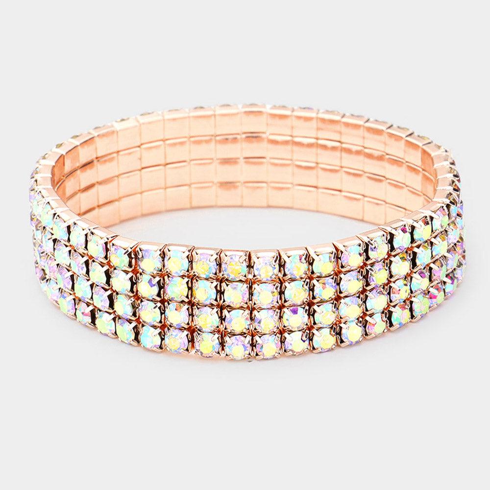 Rose Gold 4ROW Rhinestone Stretch Evening Bracelet