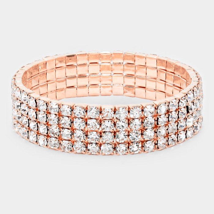 Rose Gold 4ROW Rhinestone Stretch Evening Bracelet