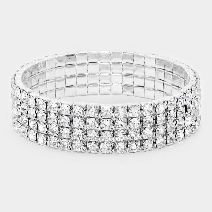 Silver 4ROW Rhinestone Stretch Evening Bracelet