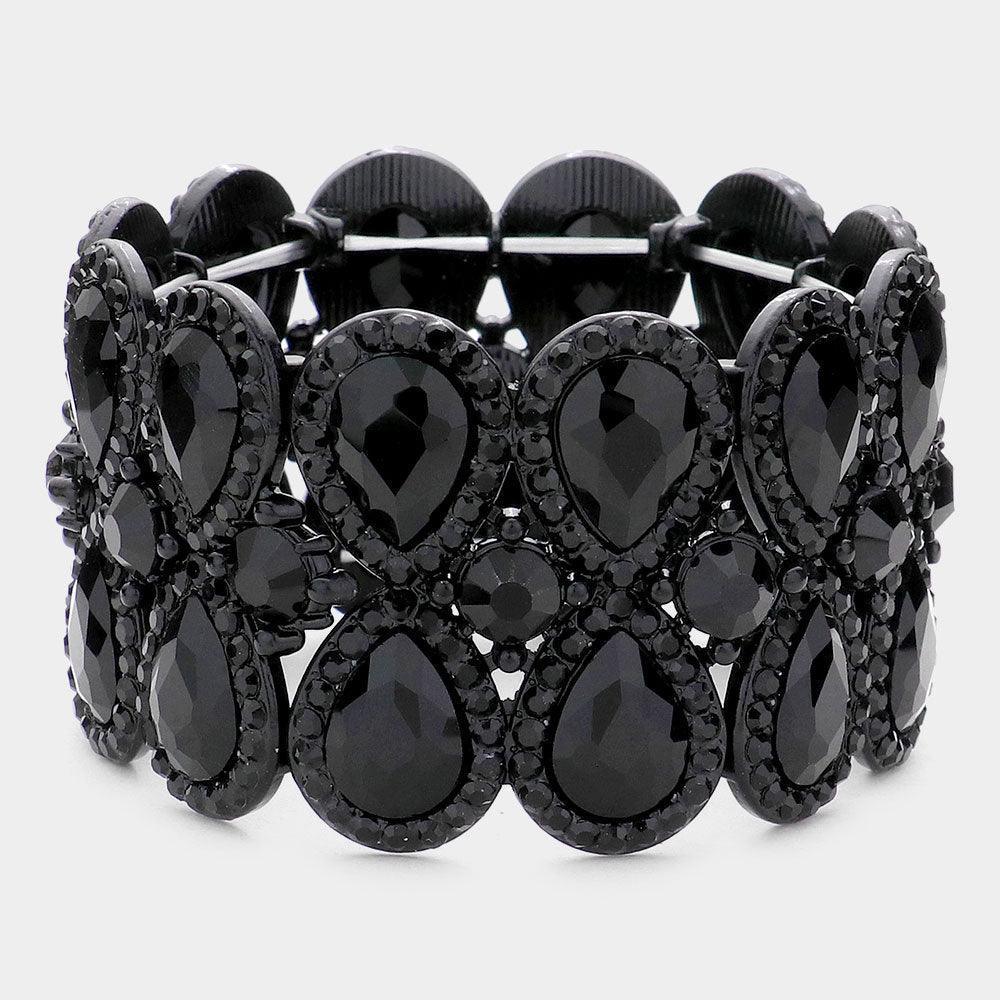 Black Double Teardrop Glass Crystal Stretch Evening Bracelet - Jewelry Store by Erik Rayo