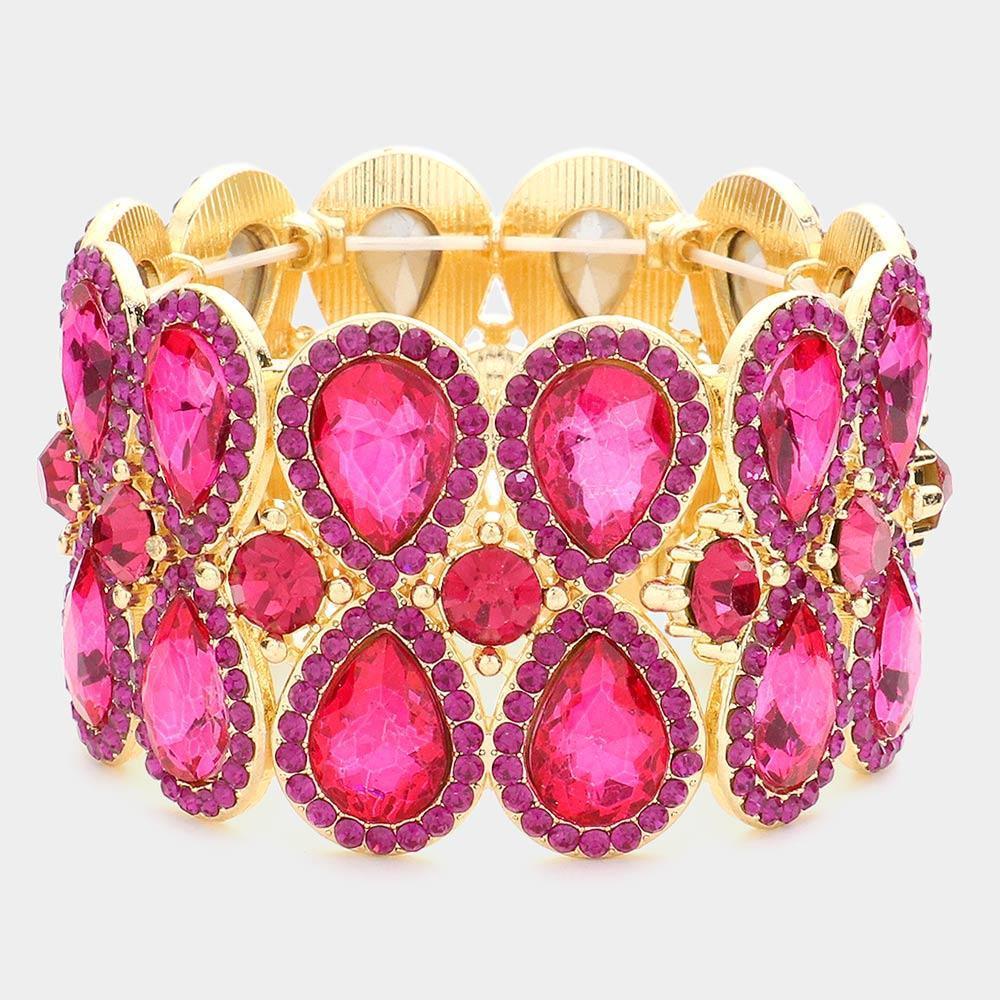 Fuchsia Double Teardrop Glass Crystal Stretch Evening Bracelet - Jewelry Store by Erik Rayo