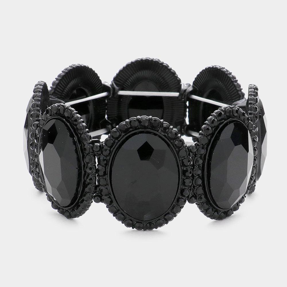 Black Oval Glass Crystal Stretch Evening Bracelet - Jewelry Store by Erik Rayo