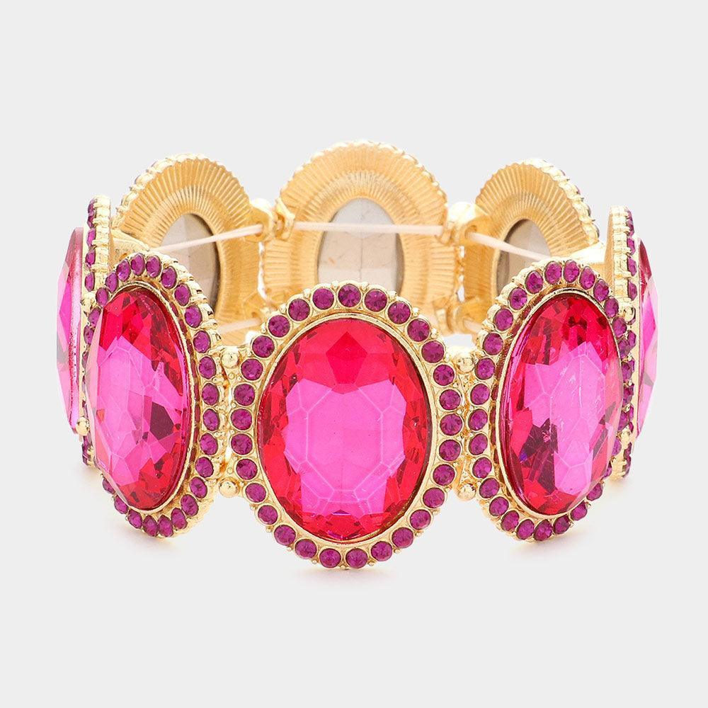 Fuchsia Oval Glass Crystal Stretch Evening Bracelet - Jewelry Store by Erik Rayo