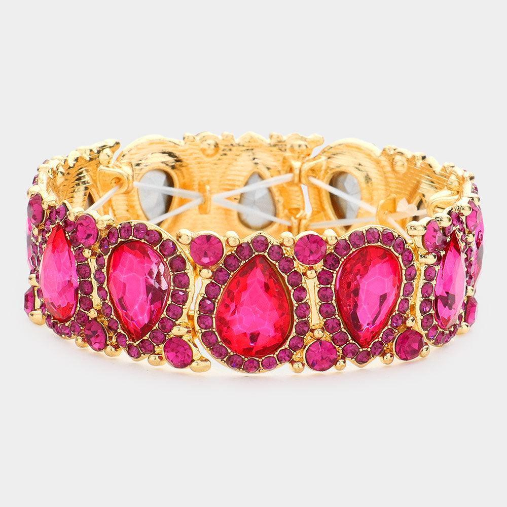 Red Teardrop Rhinestone Trim Stretch Evening Bracelet - Jewelry Store by Erik Rayo