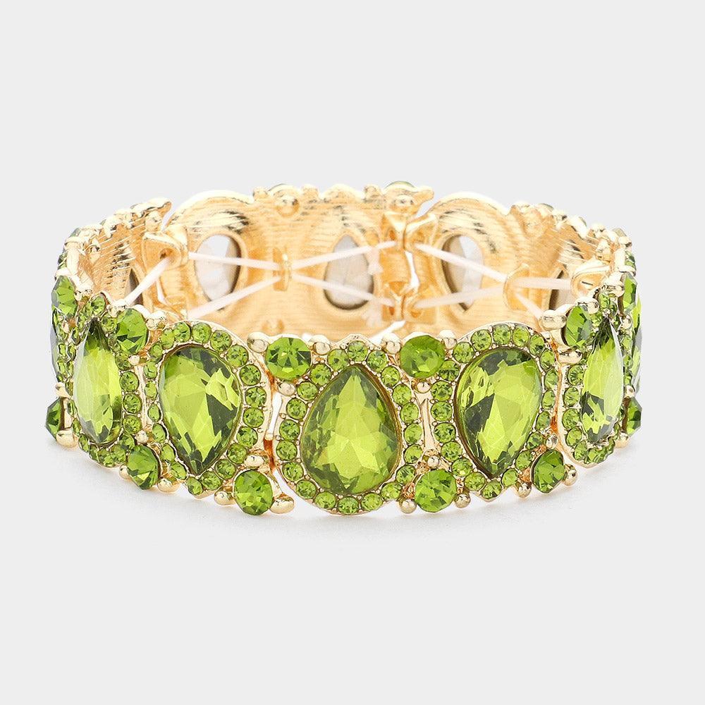 Green Teardrop Rhinestone Trim Stretch Evening Bracelet - Jewelry Store by Erik Rayo